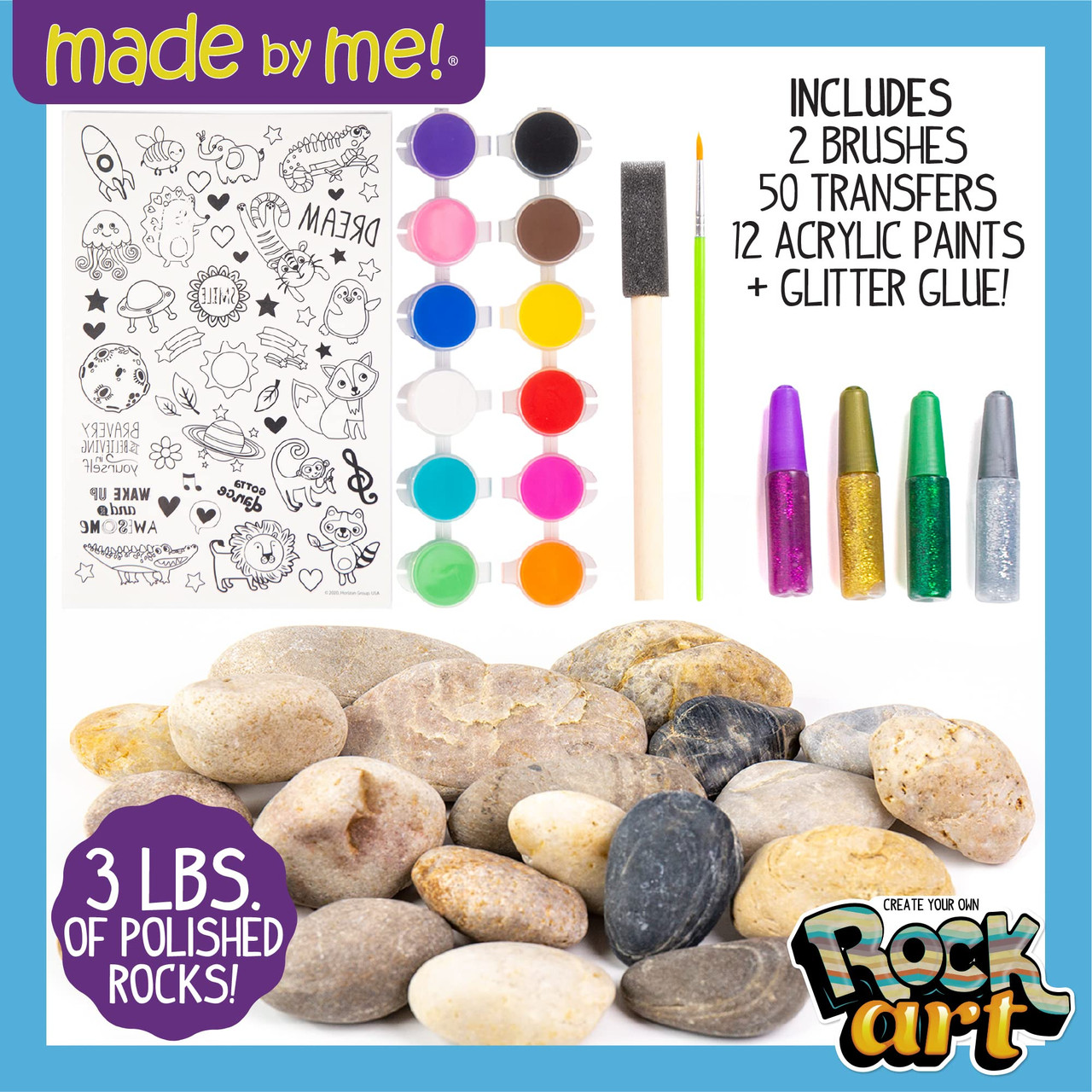 Made By Me Rock Art Kit, Rock Painting Arts and Crafts Kit, Includes 3  Pounds of Rocks and 12 Paints, Great Summer Activity or Birthday Party Fun,  Perfect Outside Craft Idea - Toys 4 U